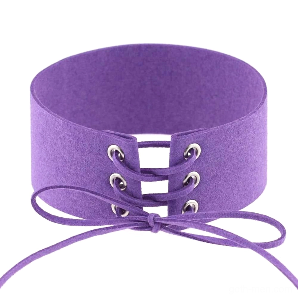 Deep purple suede velvet lace-up choker with gothic aesthetic and grommet details