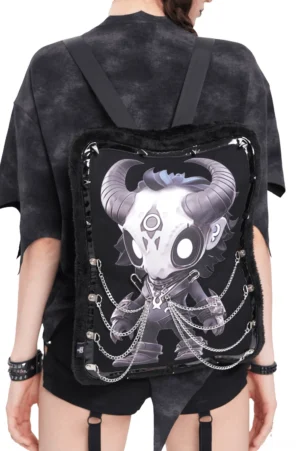 Black demon skull gothic backpack with fur trim and metal chains worn by model from rear view, showcasing spiked frame and industrial details