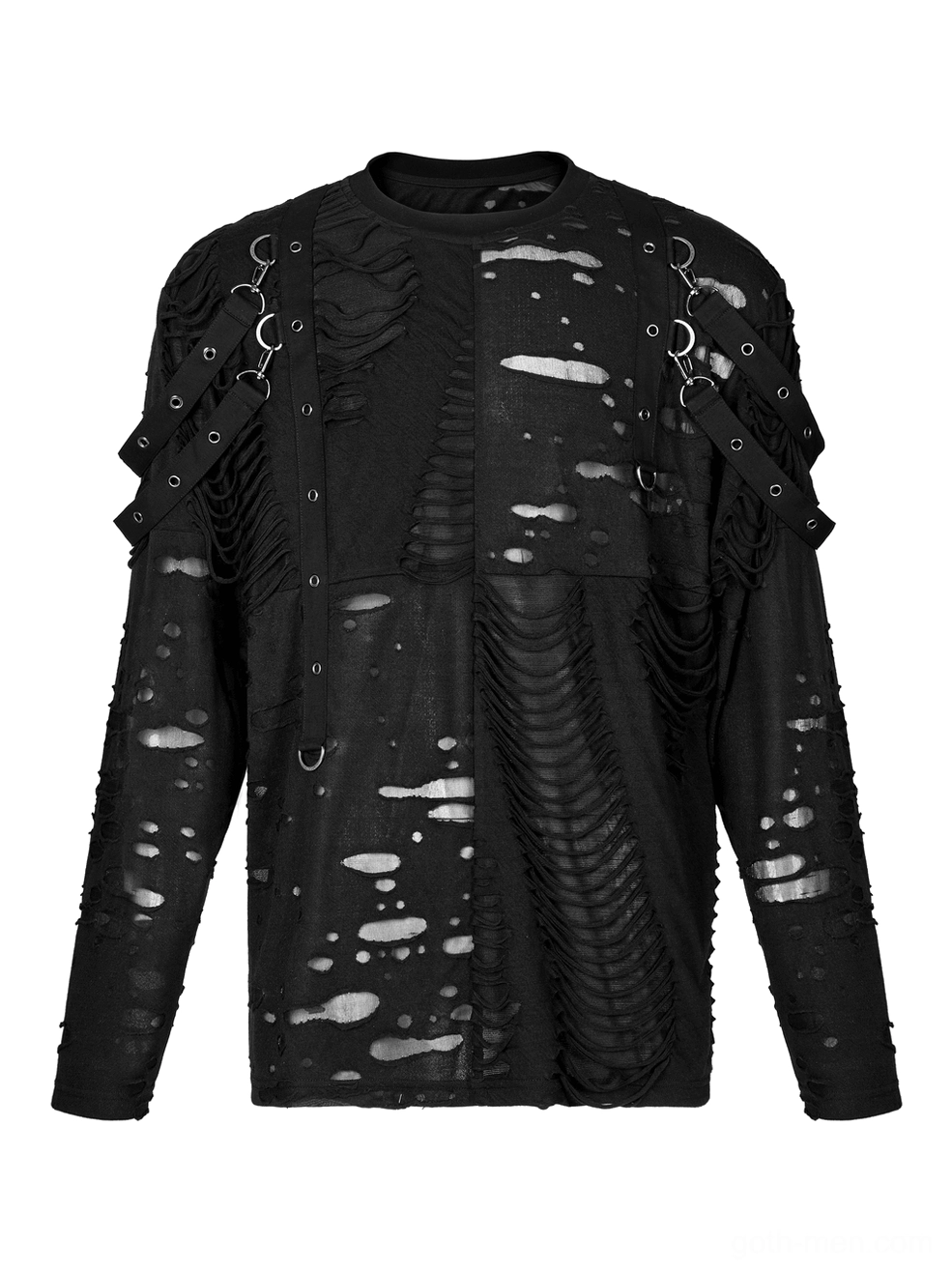 Black destructed knit sweatshirt front flat lay showing wavy ripped texture and front cutout holes detail