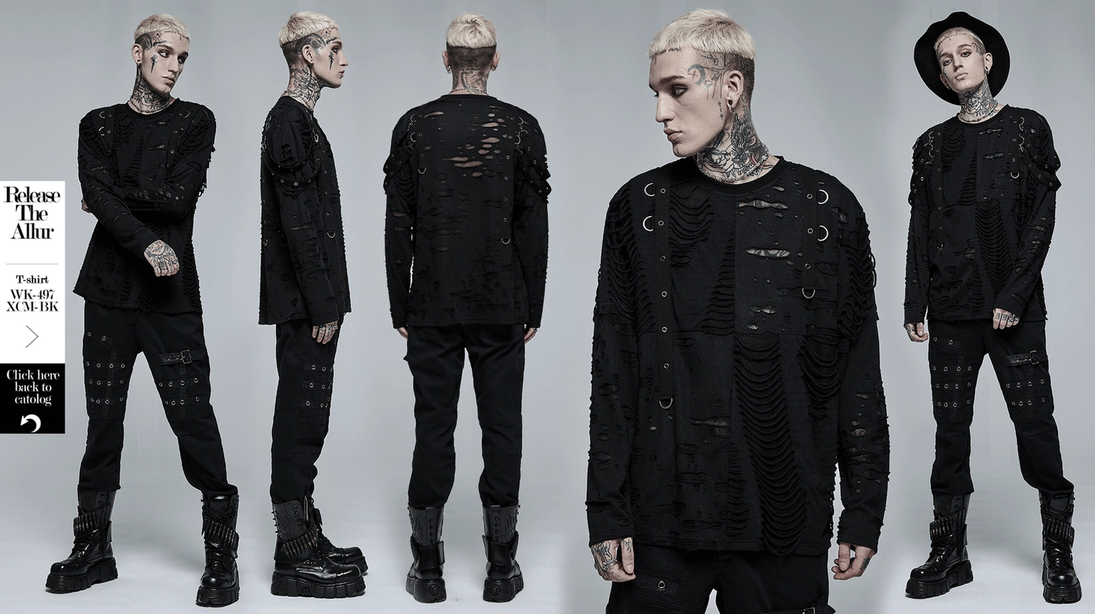 Black destructed knit sweatshirt full product view - punk goth alternative fashion long sleeve top with metal hardware