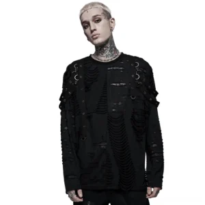 Black destructed knit sweatshirt with metal D-rings front view on tattooed male model - gothic long sleeve top with ripped holes