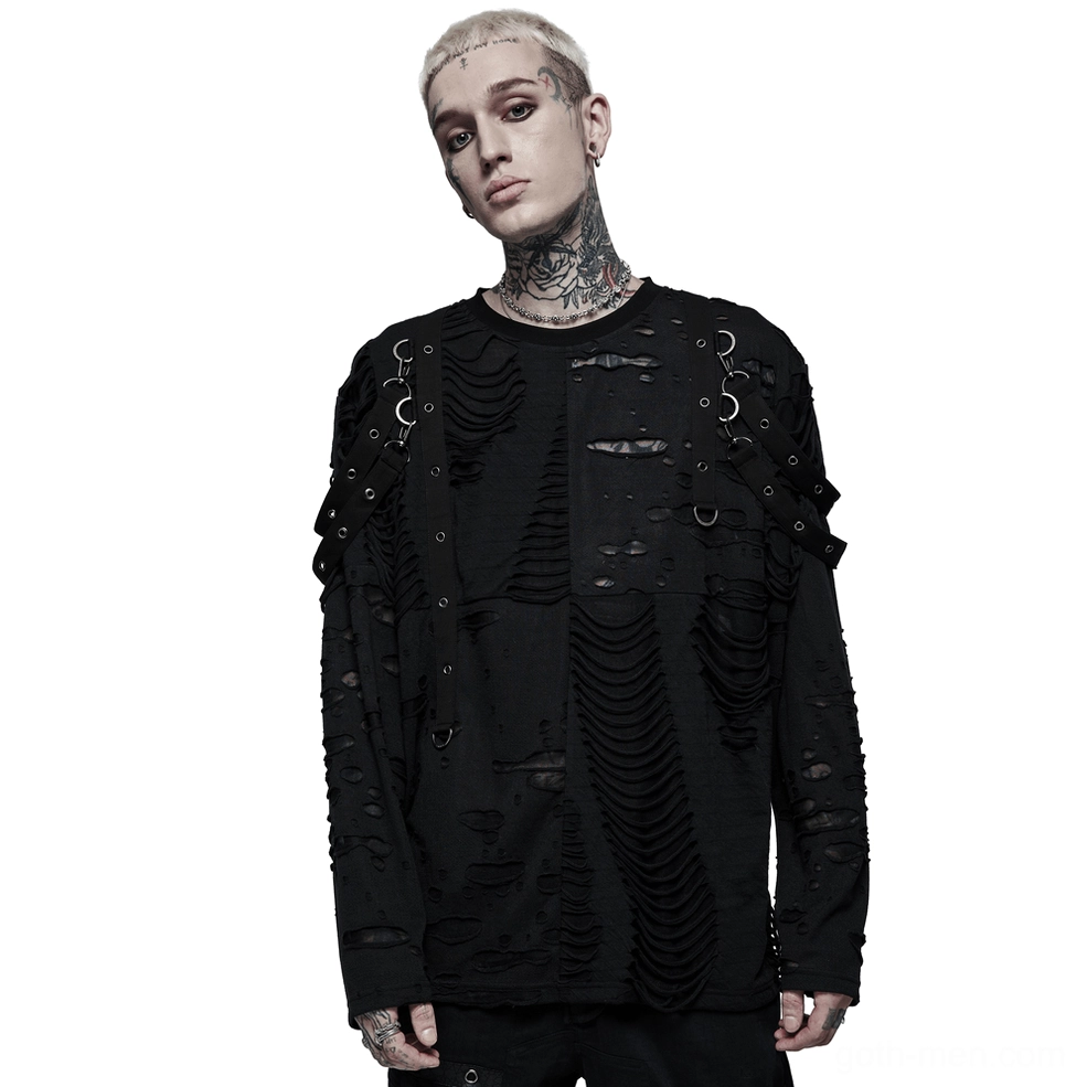 Black destructed knit sweatshirt with metal D-rings front view on tattooed male model - gothic long sleeve top with ripped holes