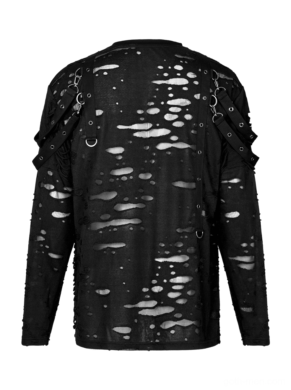 Black gothic destructed knit sweatshirt back flat lay view with scattered ripped holes and shoulder D-ring hardware