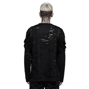 Black gothic destructed sweatshirt back view showing scattered ripped holes and metal hardware - punk alternative long sleeve