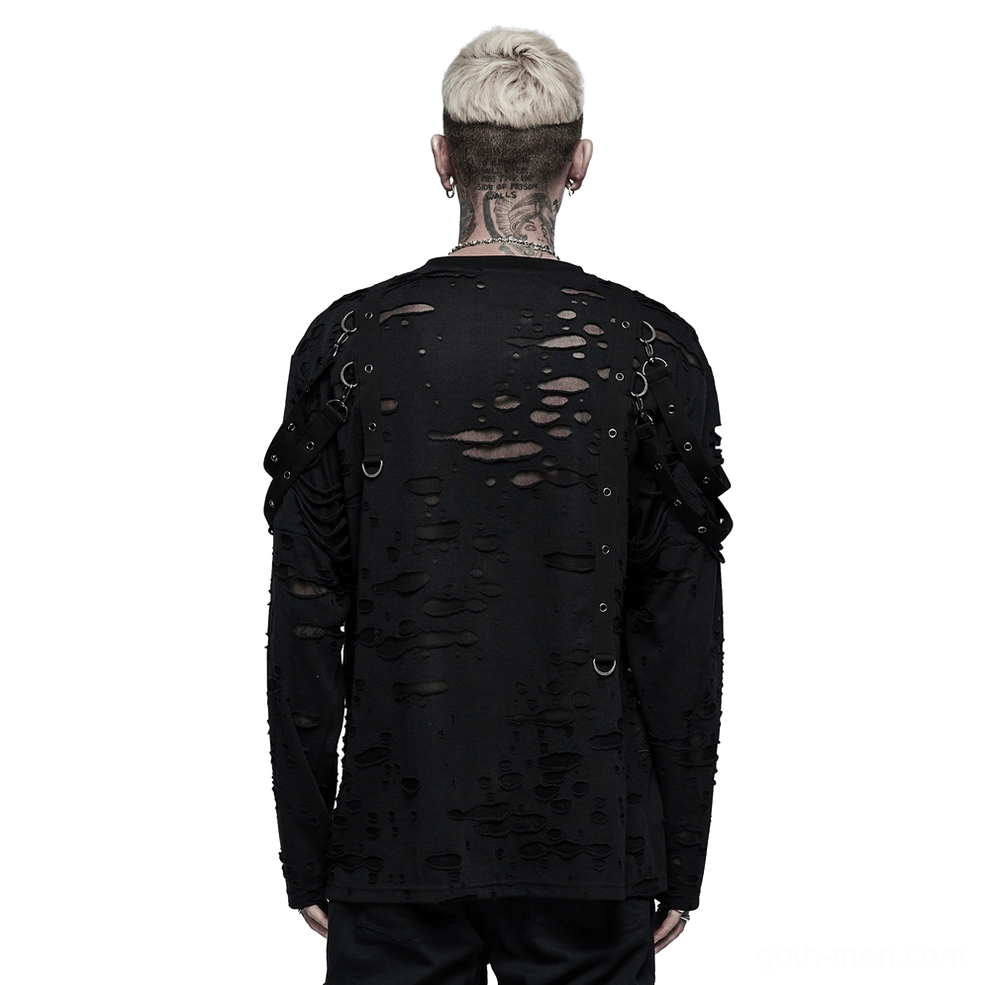 Black gothic destructed sweatshirt back view showing scattered ripped holes and metal hardware - punk alternative long sleeve