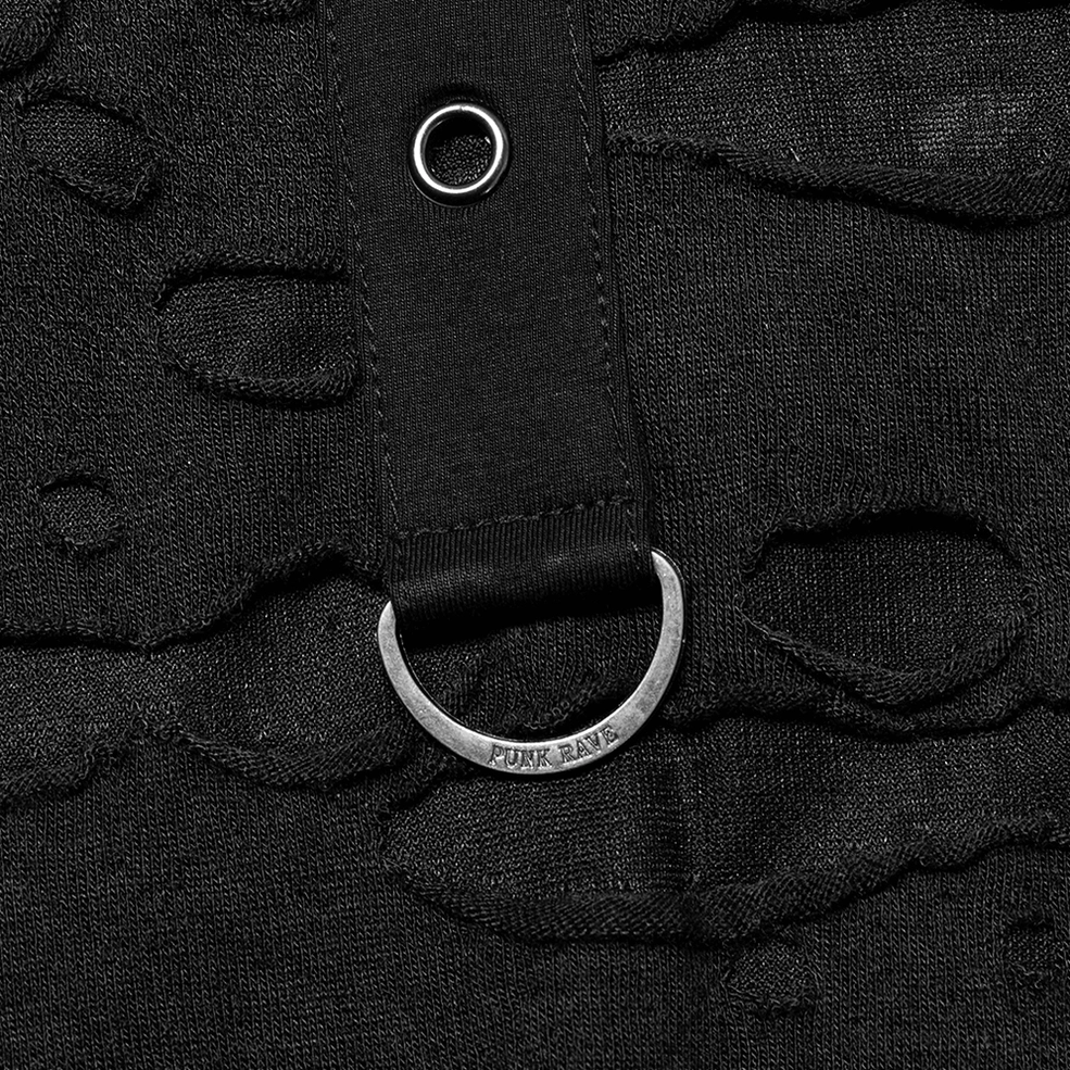 Macro close-up of destructed knit sweatshirt showing metal D-ring hardware and precision ripped cutout hole details