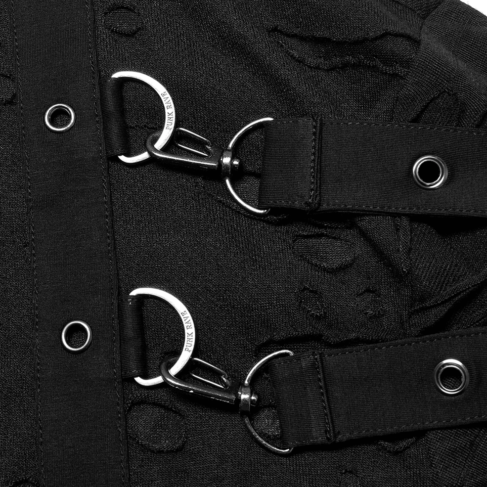 Macro close-up of destructed sweatshirt buckle straps and metal eyelets on distressed black fabric texture