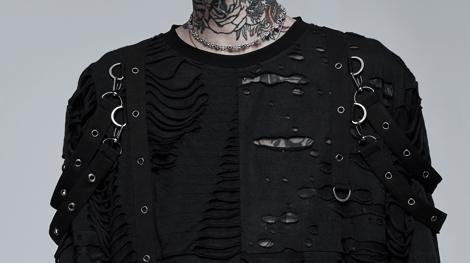 Gothic destructed sweatshirt showing removable loop embellishments and arm hardware details - punk alternative style