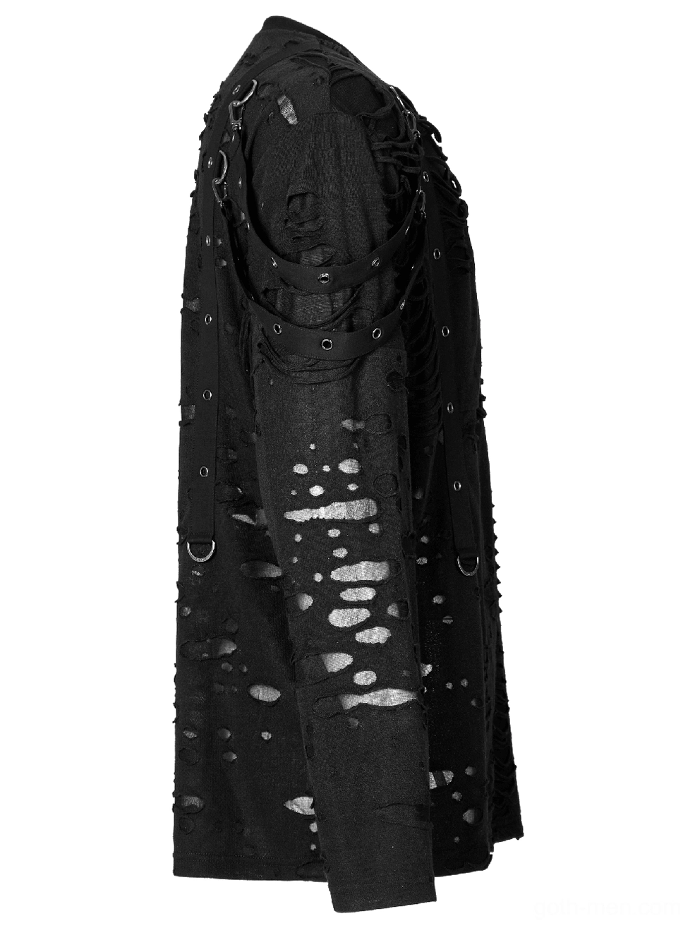 Black destructed sweatshirt side flat lay view displaying draped long sleeves with metal eyelet embellishments