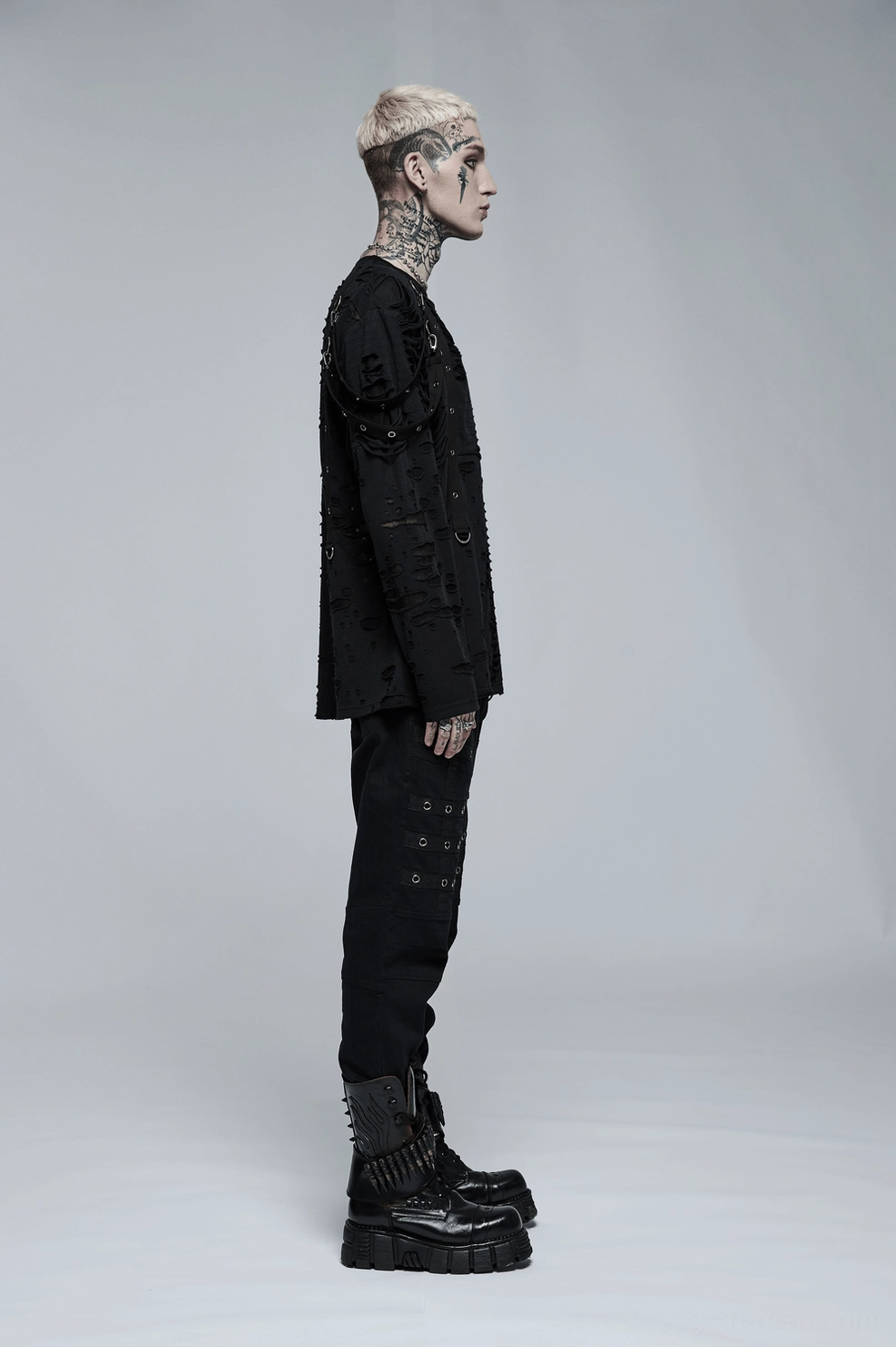 Black destructed sweatshirt size guide and measurement chart - gothic long sleeve top sizing reference