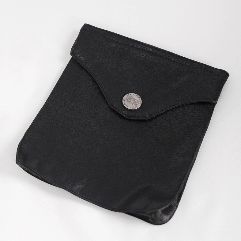 Detachable black leather pocket accessory with branded metal snap button for gothic punk pants