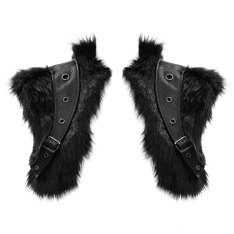 Pair of detachable black fur cuff accessories with leather fastening straps and buckle system