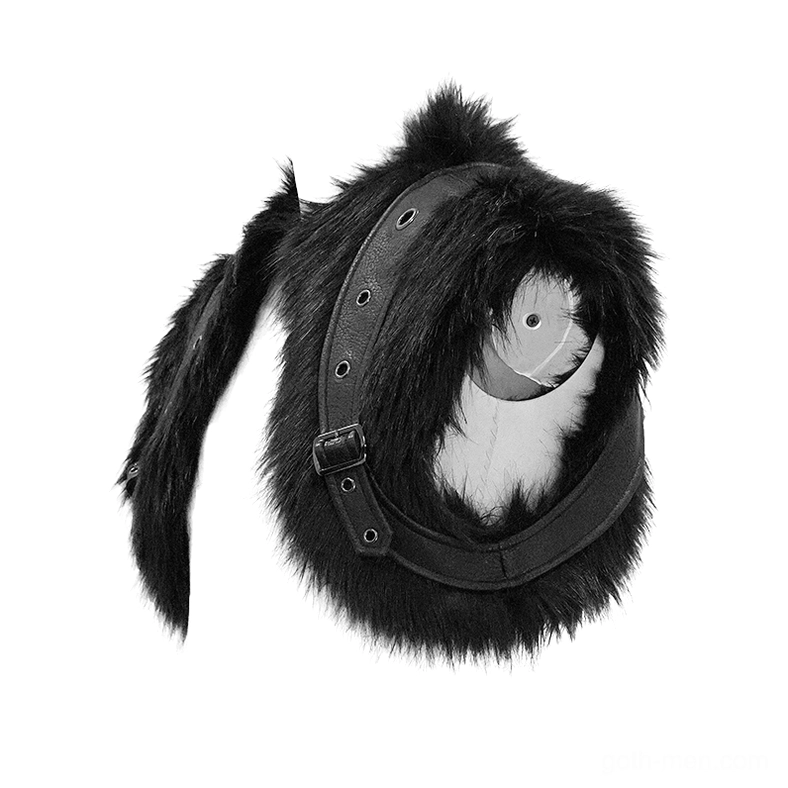 Single detachable black fur hood accessory showing inner lining and adjustable leather straps