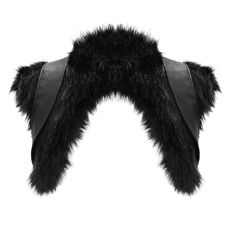 Detachable black fur shoulder capelet accessory with leather straps and adjustable metal buckles