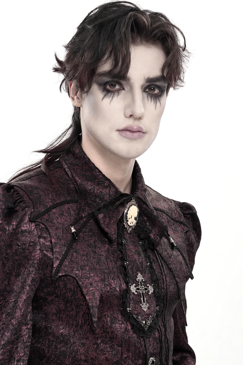 Detached burgundy cameo cross lace cravat Gothic neckwear standalone product shot