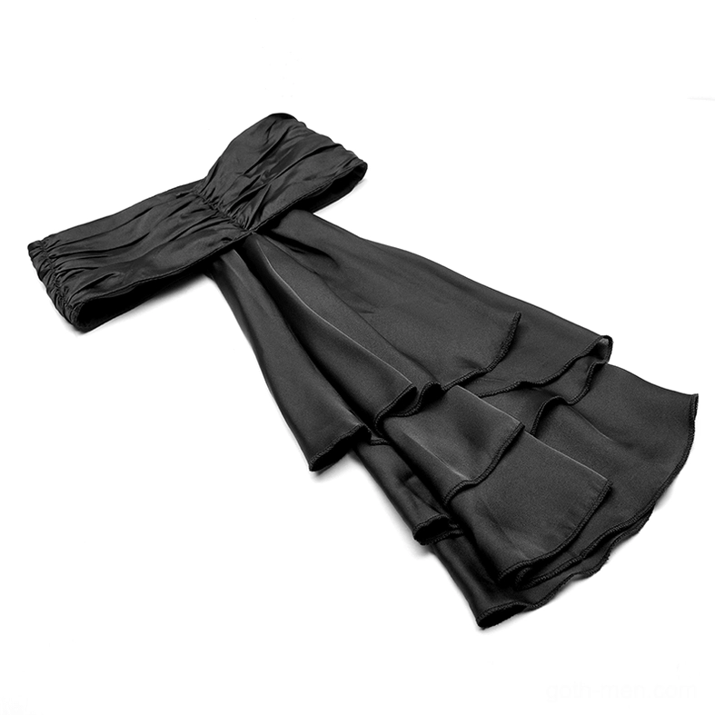 Detachable black ruffled ascot tie flat lay showing satin fabric, layered ruffle design, and elastic neck band for versatile styling