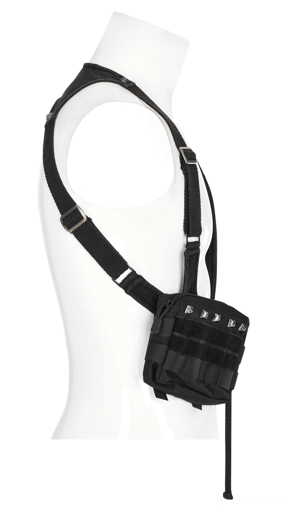 Detachable side waist pouch with pyramid studs and adjustable shoulder strap, industrial gothic design