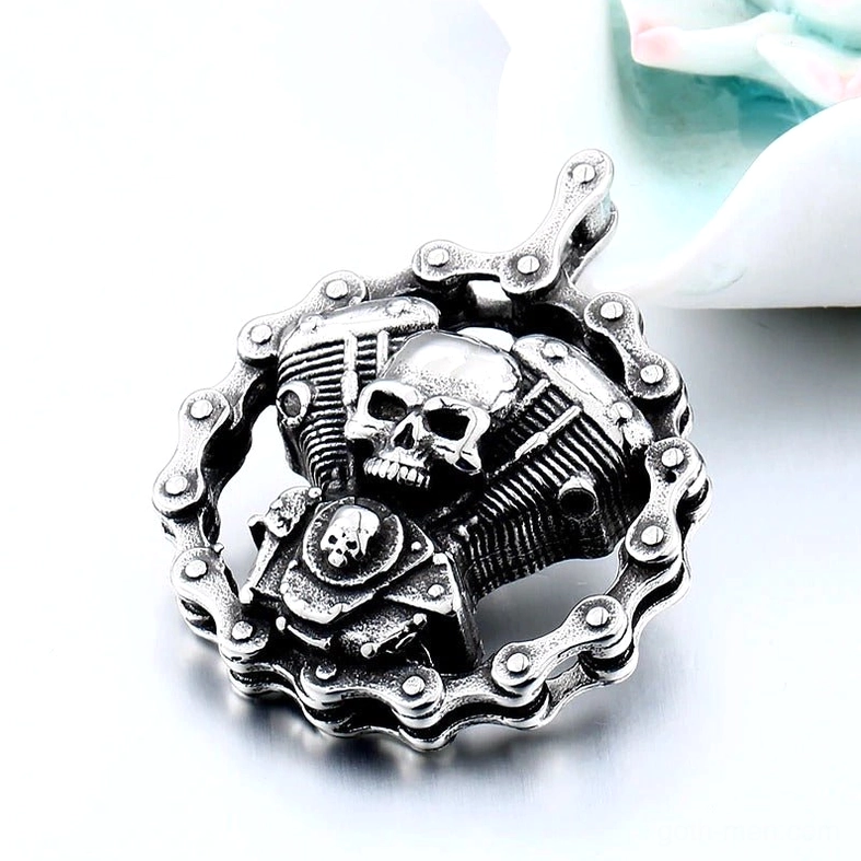 Detailed skull engine gothic biker pendant 50mm stainless steel