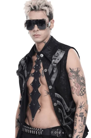 Geometric diamond spike chest harness three-quarter angle with biker aesthetic