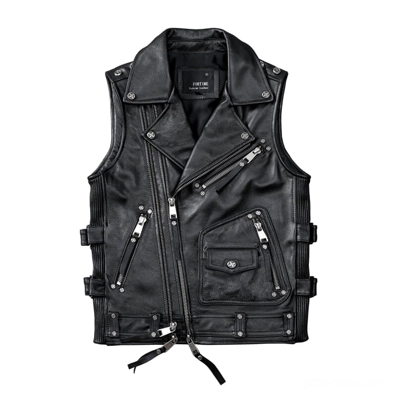 Flat lay of distressed black leather gothic biker vest displaying classic turn-down collar and metal hardware details