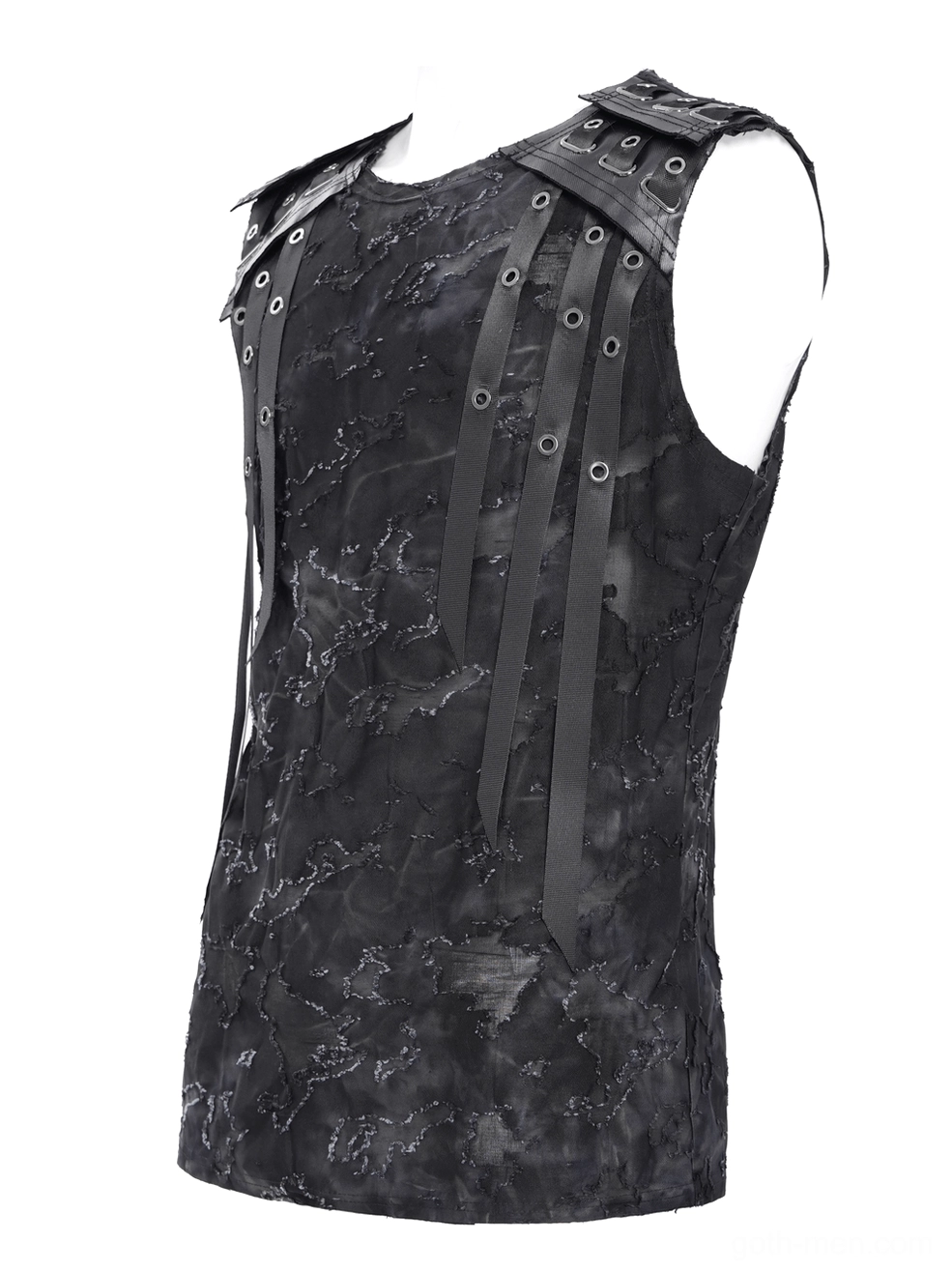 Front flat lay of black distressed gothic tank top with slim fit cut and industrial strap design