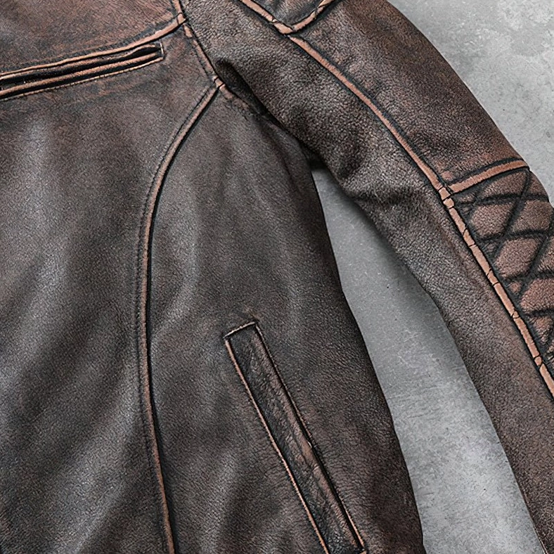 Distressed brown leather biker jacket full product showcase with all design features and classic moto styling