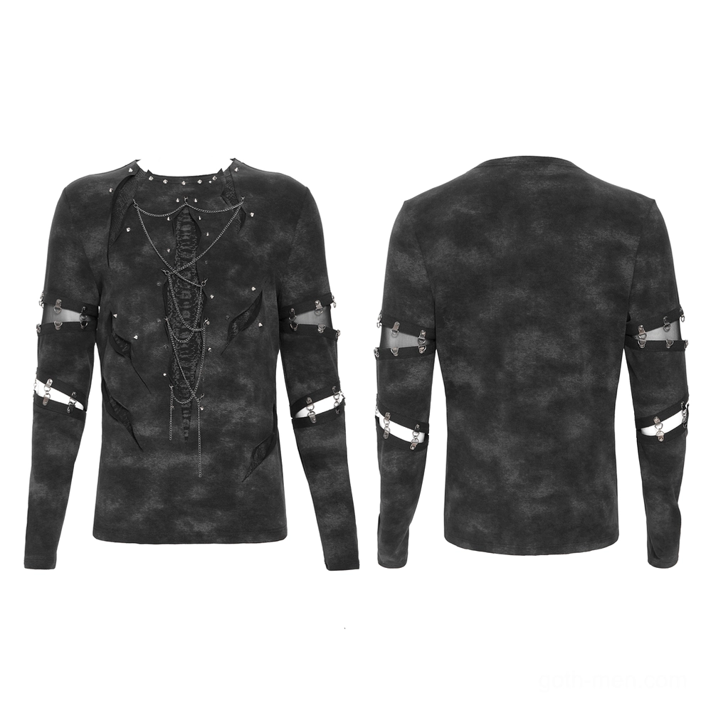 Flat lay front and back dual view of distressed chain gothic top with tie-dye fabric texture