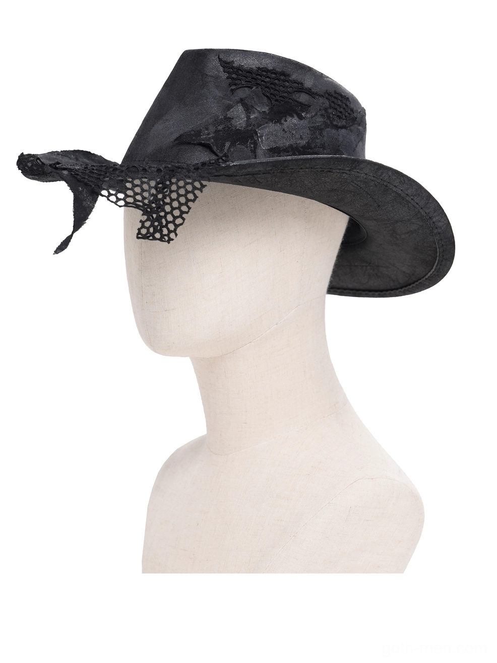 Distressed black cowboy hat left side profile on mannequin showing front fishnet veil and worn faux leather