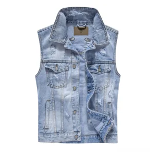 Light blue ripped denim vest with metal snap buttons and chest pockets front flat lay view