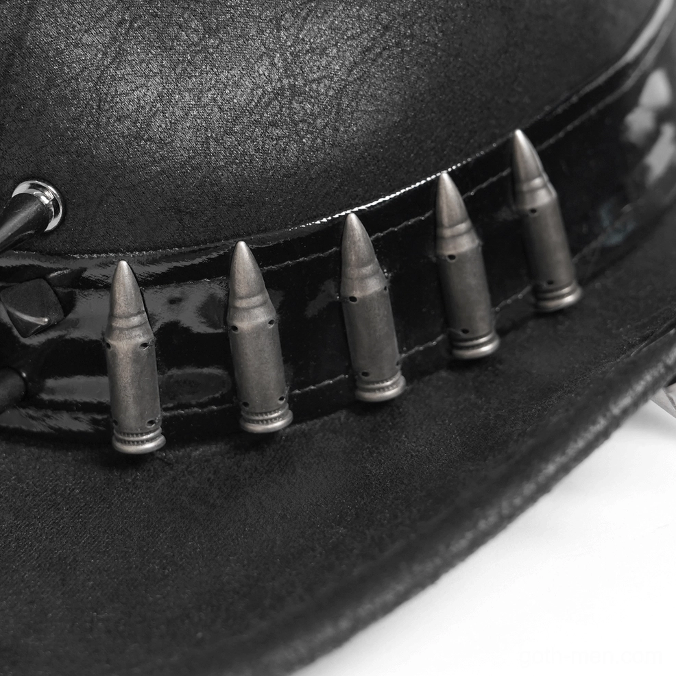 Distressed black faux leather gothic cowboy hat showing weathered texture and spike trim design