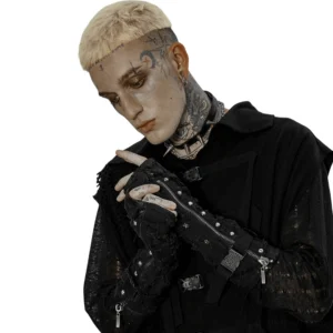 Distressed denim gothic fingerless gloves side profile view on model, displaying mesh panels and metal stud embellishments