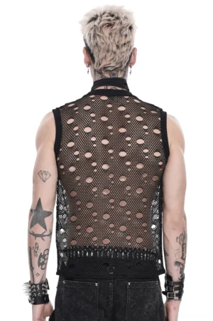 Black Cyberpunk Distressed Mesh Tank Top - Back Full Body View Showing Hollow-Out Fishnet Design
