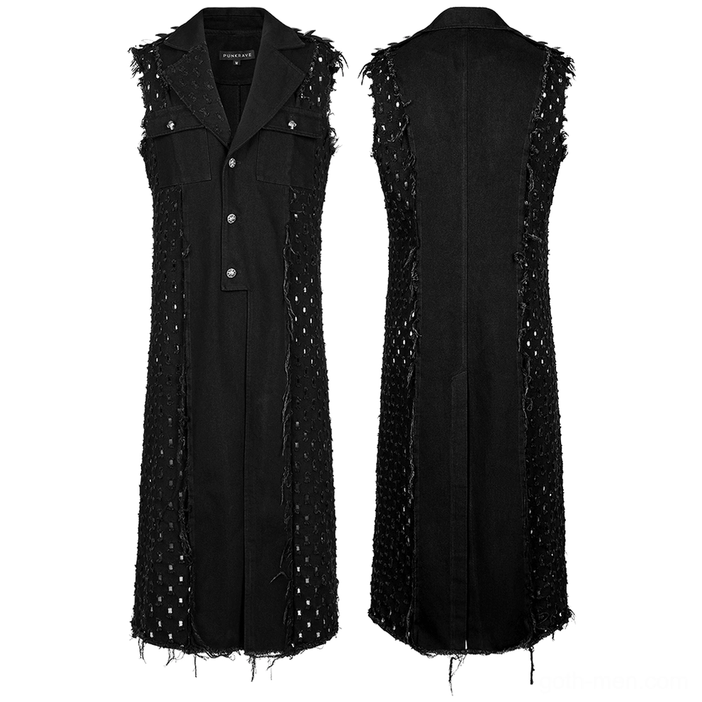 Black gothic cape with mesh cutout sides and frayed hem shown in dual flat lay perspective