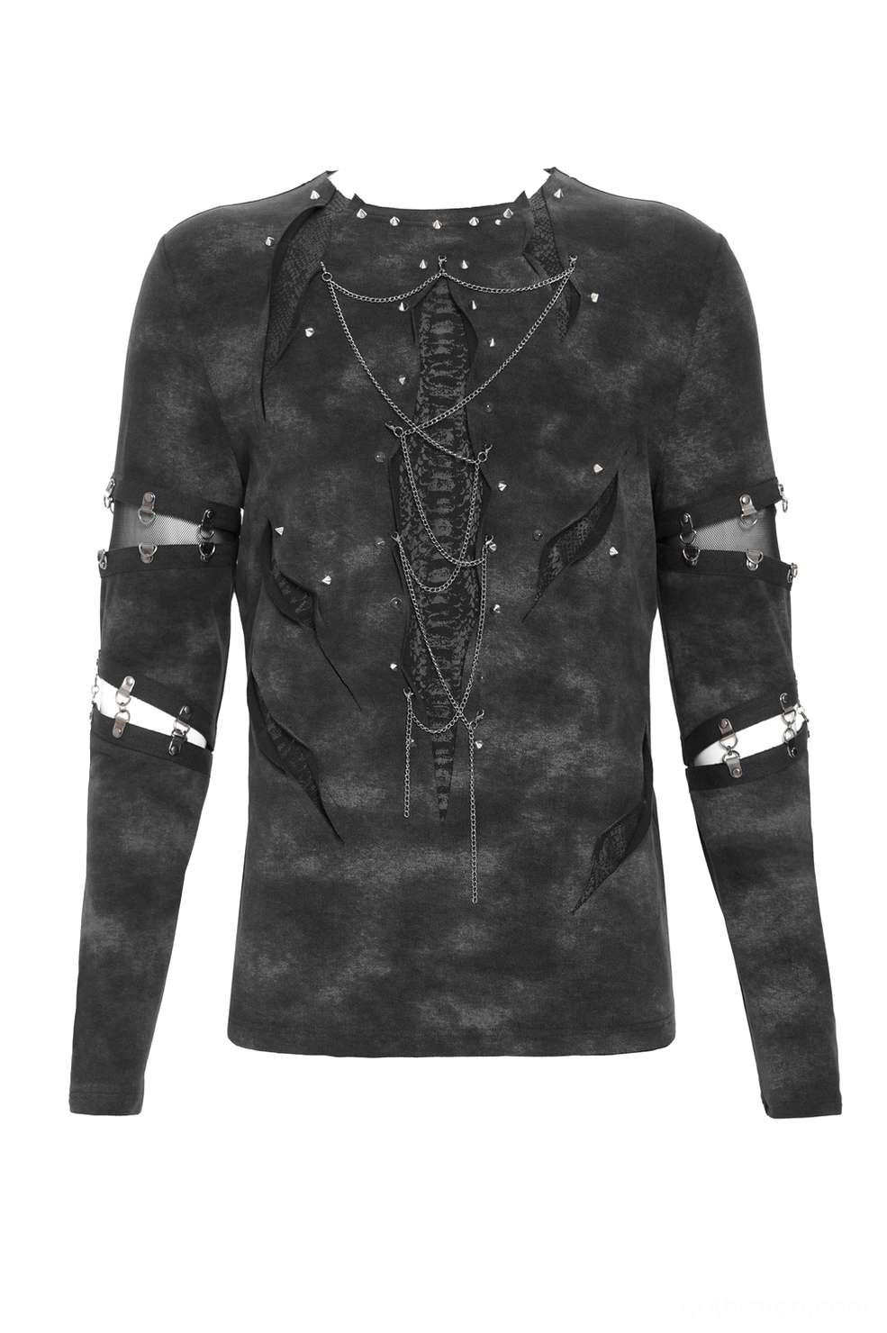 Front flat lay of distressed gothic chain top with metal chain and stud decorations