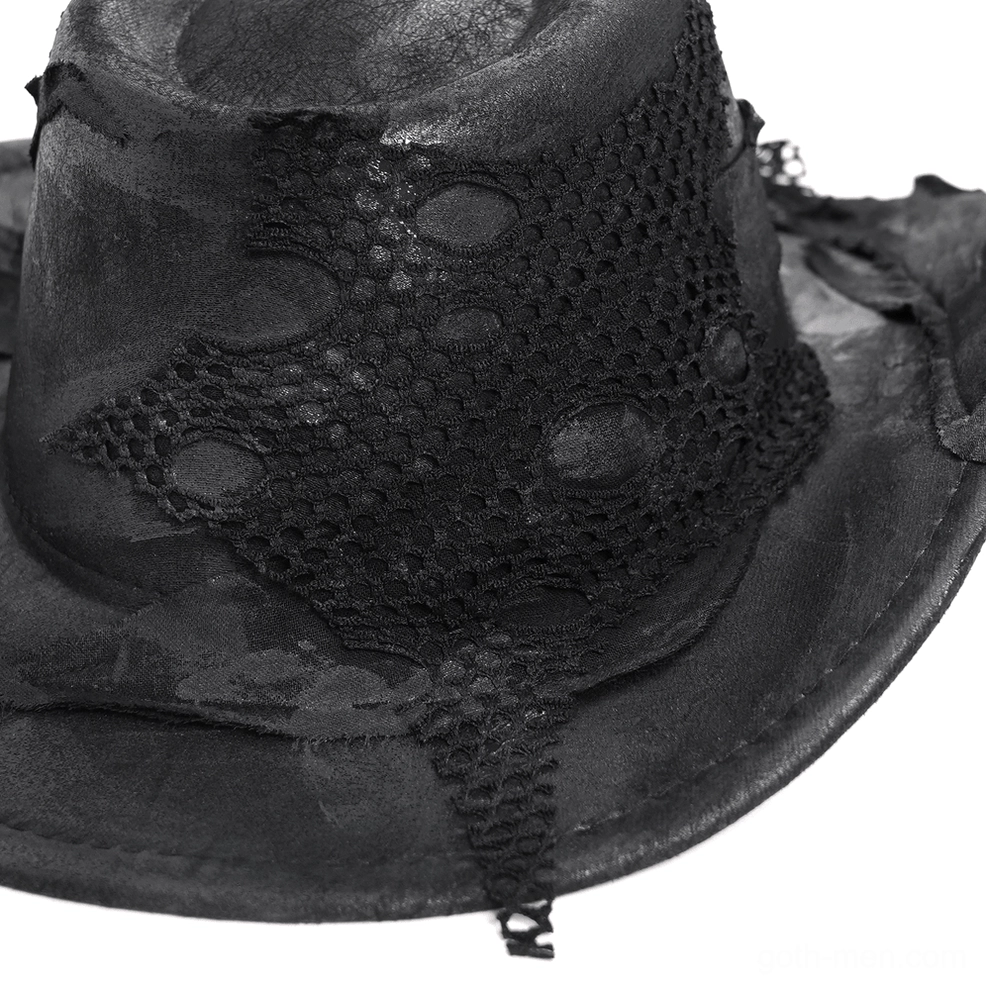 Distressed black gothic cowboy hat side view showing weathered crown and fishnet mesh architectural details