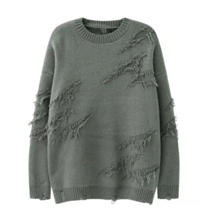 Sage green distressed oversized gothic knit jumper front flat lay with ripped slash details