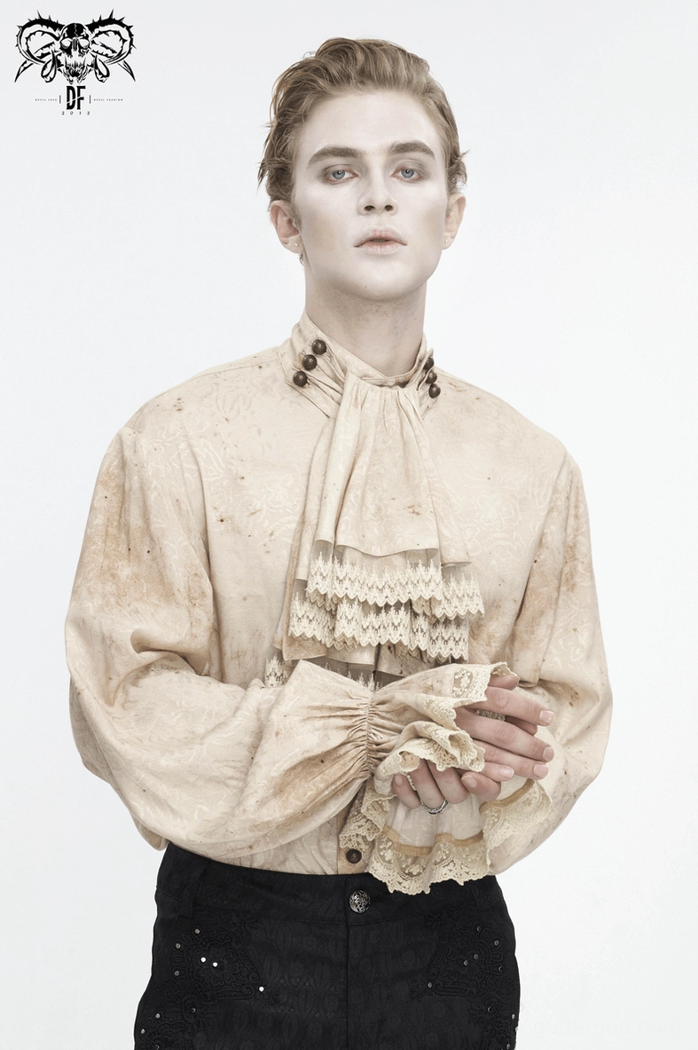 Full length view of distressed lantern sleeve gothic shirt on mannequin displaying complete styling and proportions