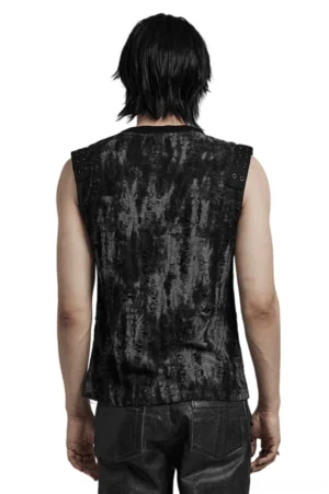 Distressed eyelet shoulder gothic tank top - rear full body view showing fitted slim cut