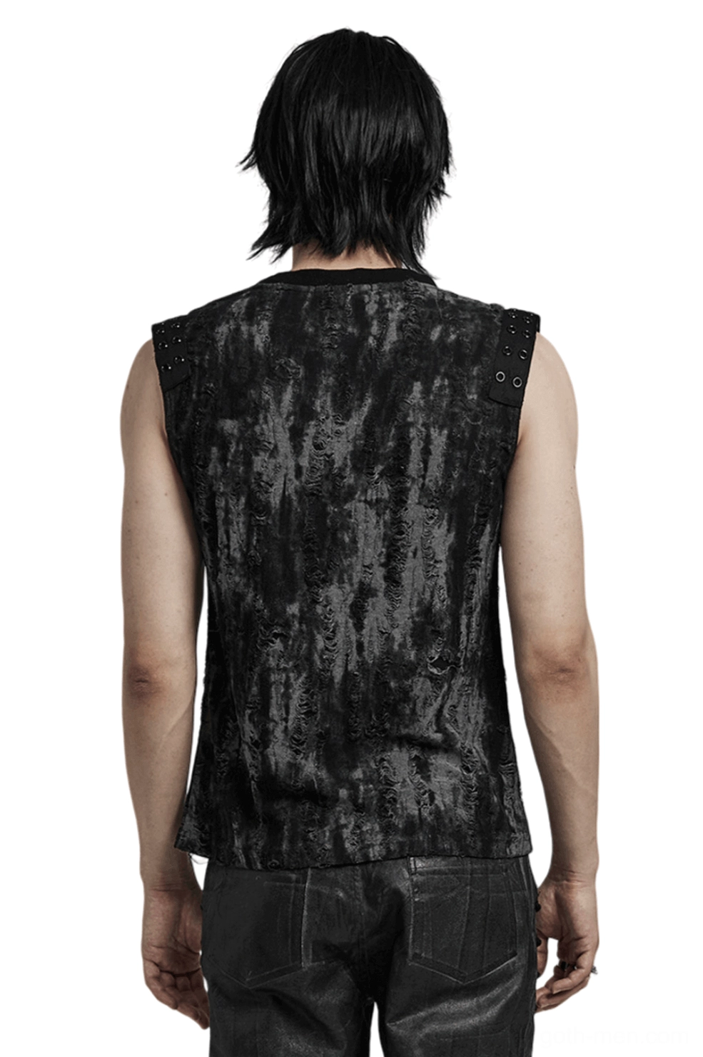 Distressed eyelet shoulder gothic tank top - rear full body view showing fitted slim cut