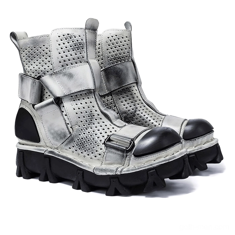 Distressed gray platform boots with perforated vamp, dual buckle straps, and two-tone leather finish - pair front view