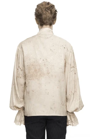 Back view of distressed lantern sleeve gothic shirt on male model, showing jacquard texture and lace-trimmed cuffs against white background