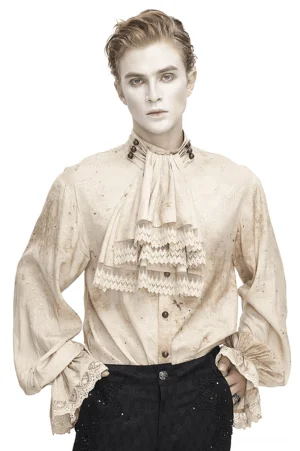 Front view of distressed lantern sleeve gothic shirt with lace necktie on male model, beige distressed jacquard fabric with stand collar and metal buttons
