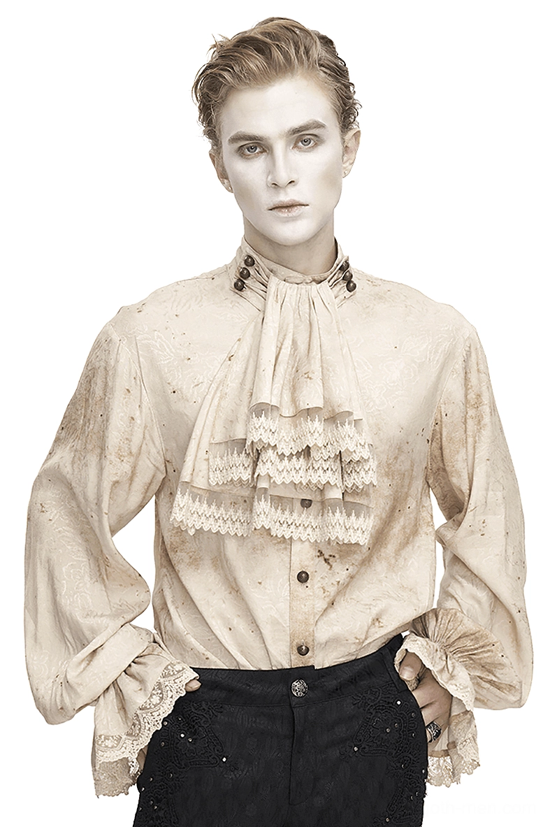 Front view of distressed lantern sleeve gothic shirt with lace necktie on male model, beige distressed jacquard fabric with stand collar and metal buttons
