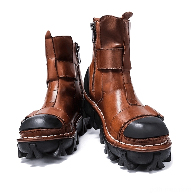 Distressed leather finish on gothic punk boots showing character and authentic worn aesthetic