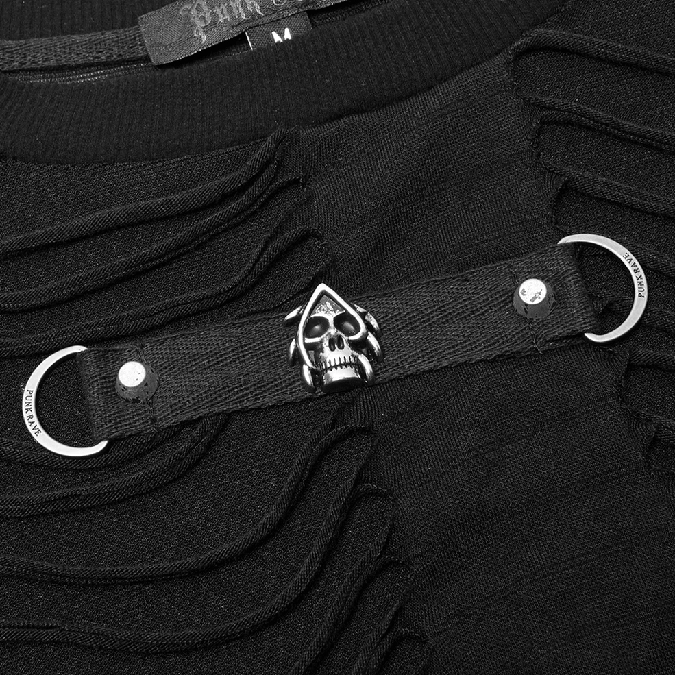 Back view flat lay of black gothic ripped sweatshirt displaying complete skeletal shredding pattern
