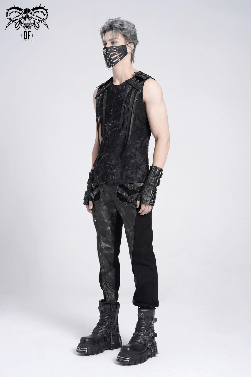 Black distressed sleeveless top front view with eyelet shoulder straps and torn fabric details