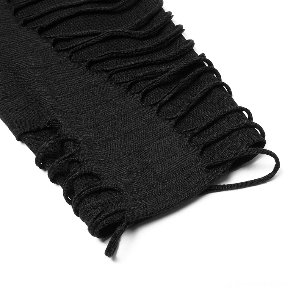 Close-up texture of ripped gothic sweatshirt sleeve cuff showing frayed distressed knit fabric edge
