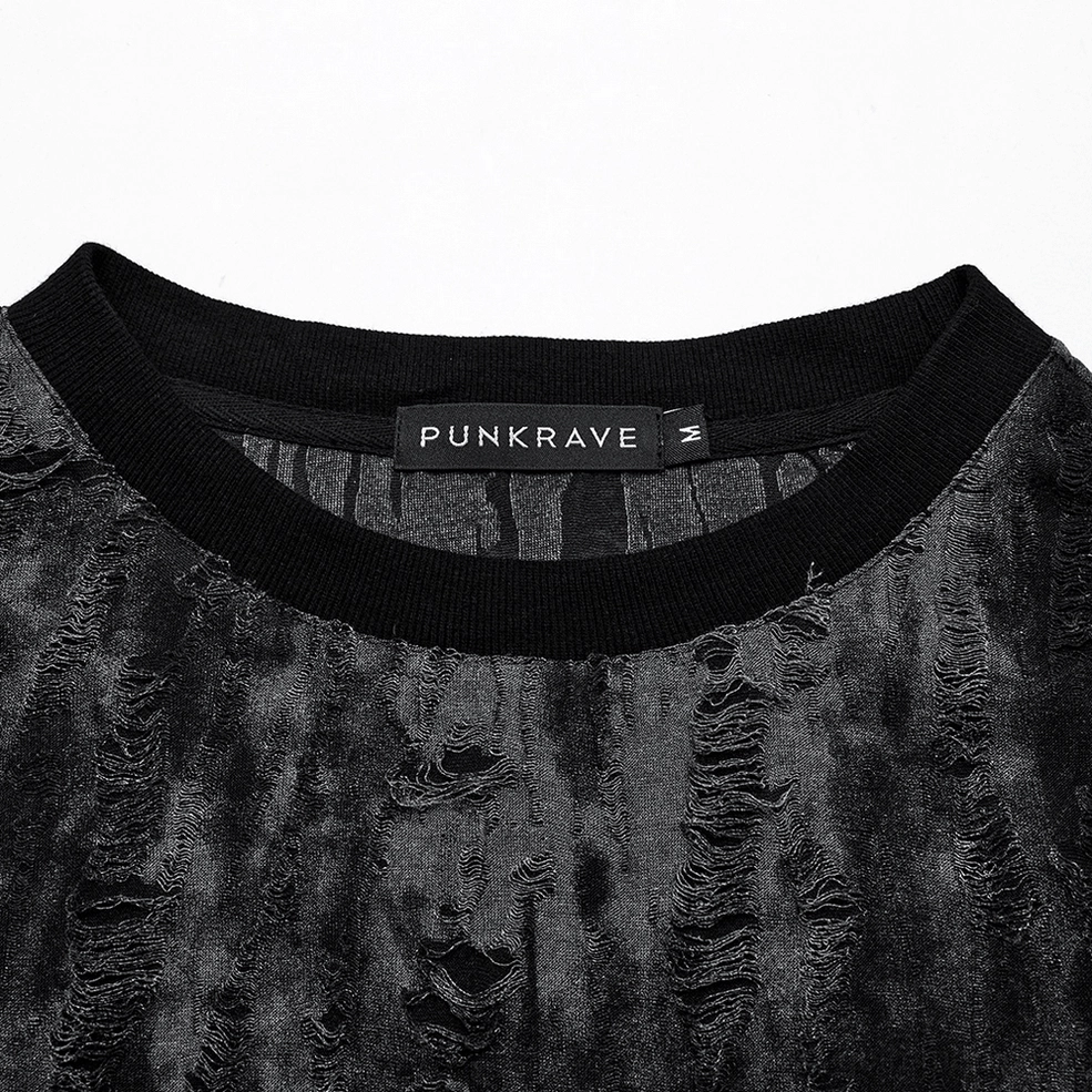 Ribbed crew neckline detail of distressed gothic tank top - fabric and brand tag