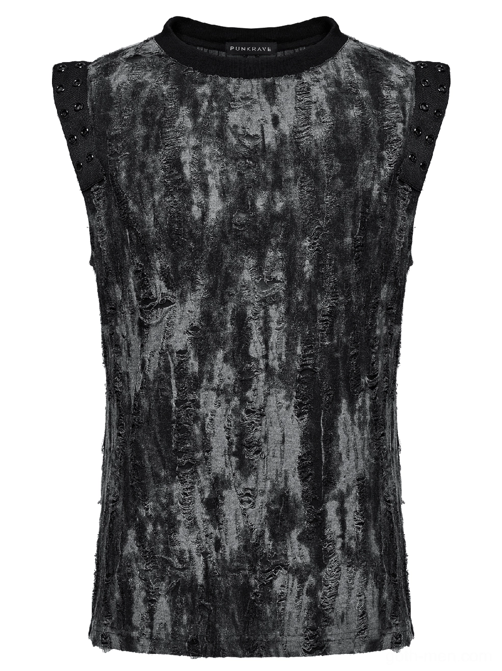 Distressed gothic tank top flat lay rear view - tattered black-grey fabric finish
