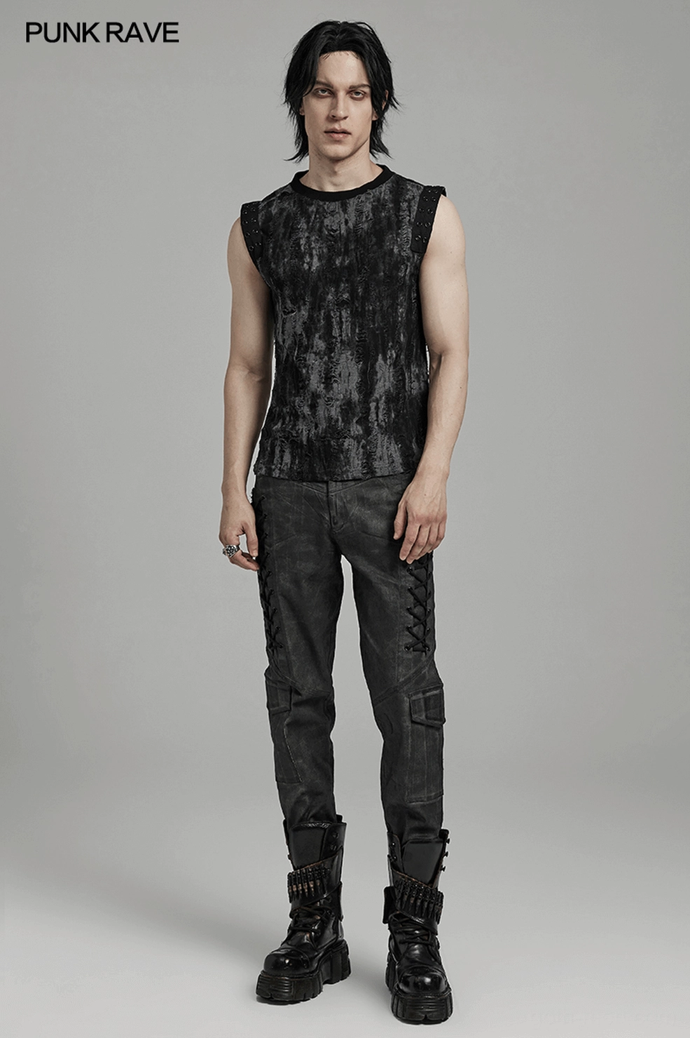Distressed eyelet shoulder gothic tank top - angled full view of construction and fit